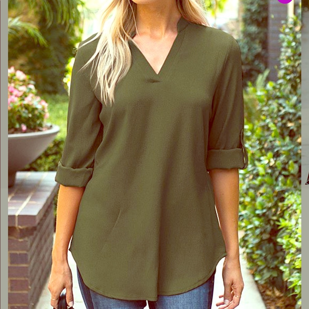 Olive green, roll tab sleeved top.